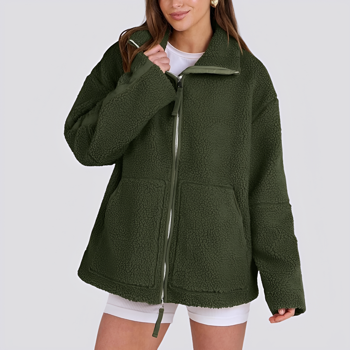Veste teddy pour femmes coupe oversize avec fermeture éclair et poches