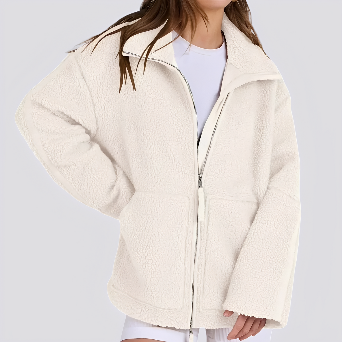 Veste teddy pour femmes coupe oversize avec fermeture éclair et poches