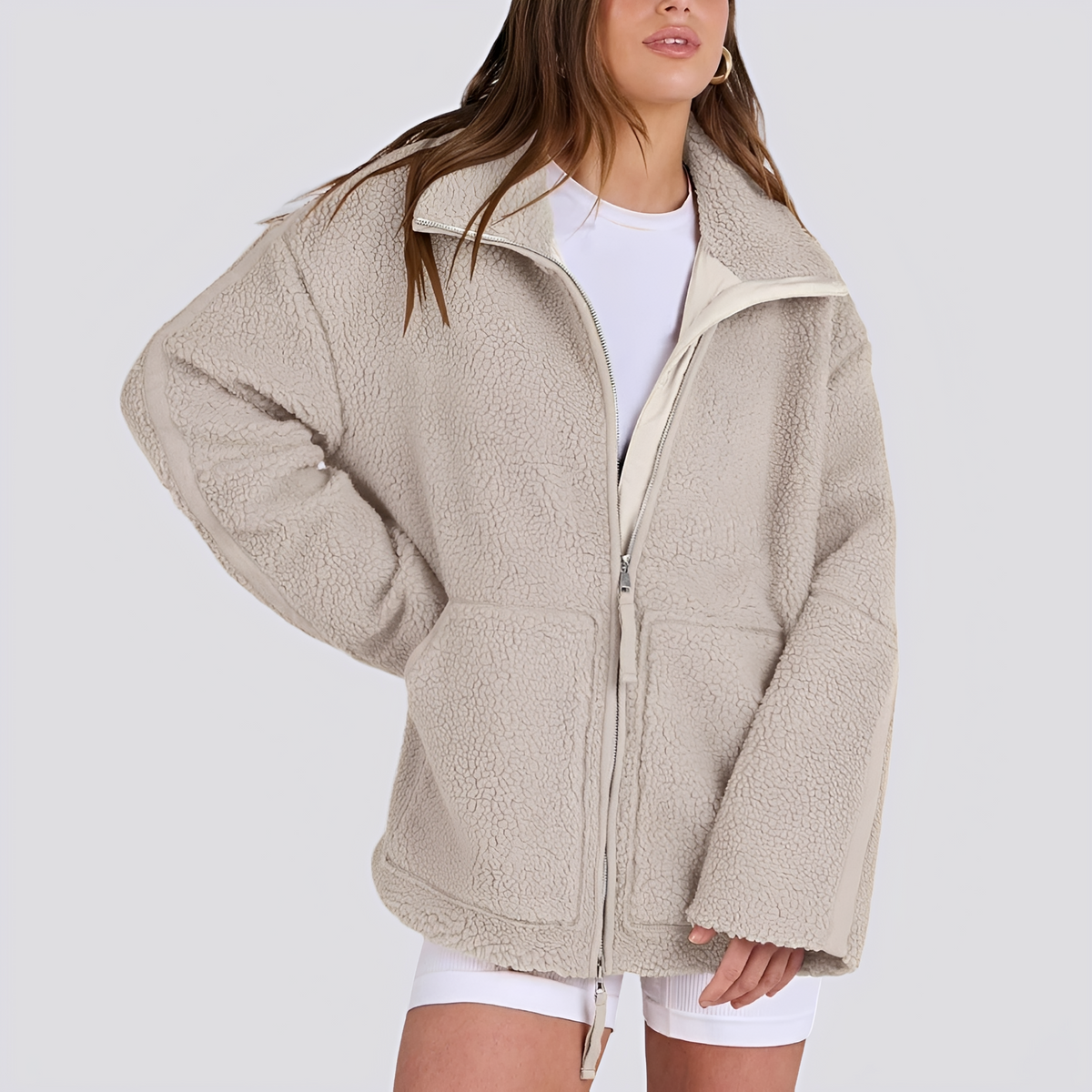 Veste teddy pour femmes coupe oversize avec fermeture éclair et poches