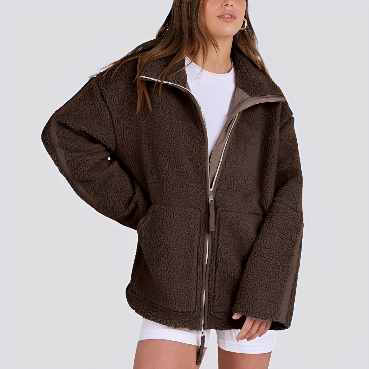 Veste teddy pour femmes coupe oversize avec fermeture éclair et poches